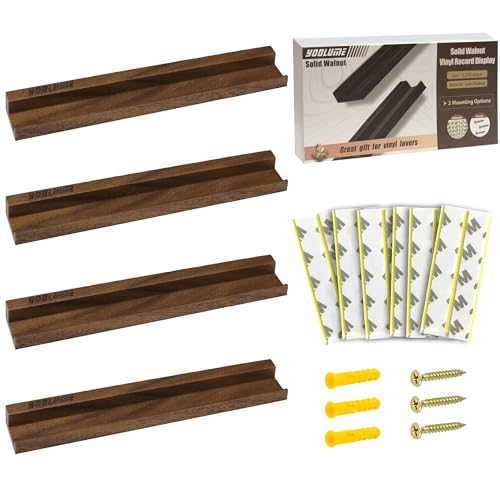 Vinyl Wall Display No Drill with 2 Mount Options(Adhesive & Screws) 4 Pack Walnut Wood Vinyl Wall Mount Record Shelf Record Holder Wall Album Display Shelves Floating Shelf for Album LP CD