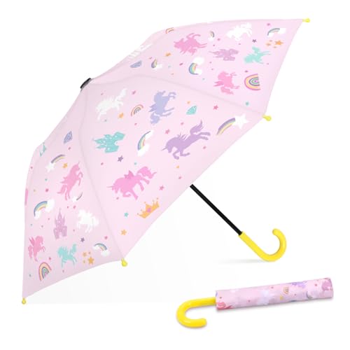 alldomess Kids Umbrella for Rain Easy Open Windproof Compact Umbrella for Toddler Girls Boys Durable & Portable Ideal for Outdoor School Travel Rainbow Unicorns