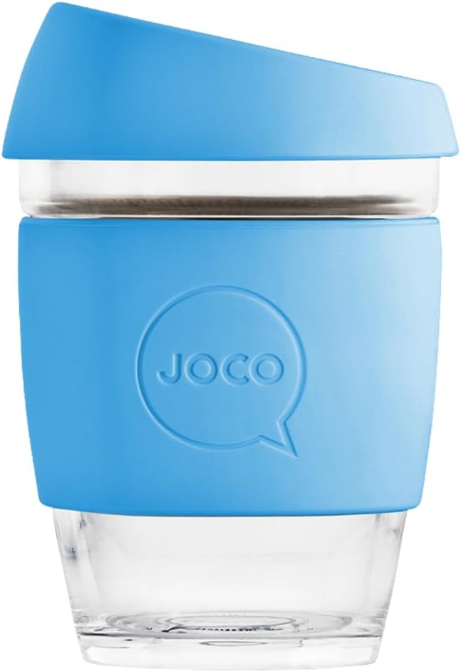 JOCO 12oz Travel Friendly Eco-innovative Borosilicate Reusable Classic Glass Coffee Cups, Microwave Safe Travel Coffee Cup, 100% Plastic Free Thermal Shock Resistant Glass Mug (Blue Teal)