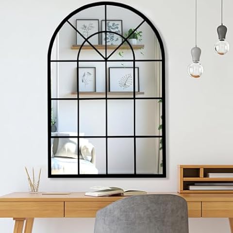 DMDMBSR Arched Window Mirror, 28”x42” Modern Windowpane Mirror with Metal Frame, Large Black Wall Mirror for Bedroom, Entryway, Living Room Cover