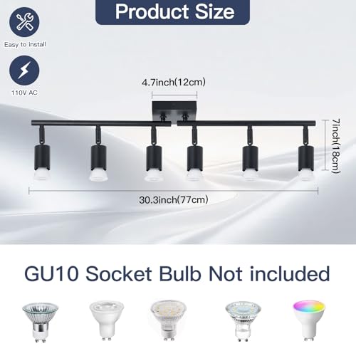Image of 6-Light Kitchen Track Lighting, Black Adjustable GU10 Track Ceiling Light Kit, Industrial Flush Mount Ceiling Spotlight Fixture for Hallway, Dining Room