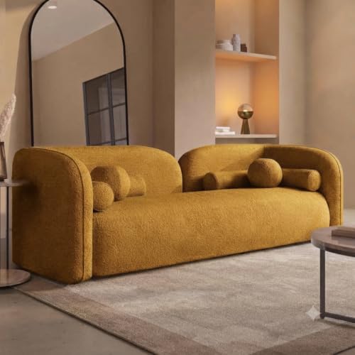 Image of CRAFTCITY Curved 3 Seater Cloud Sofa Upholstered 3 Seater Sofa for Living Room Bedroom Home Office Meeting Room Velvet Fabric Sofa (Yellow)