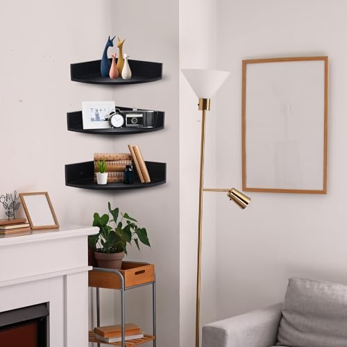 Demigo Corner Shelf Wall Mount Set of 3, Solid Acacia Wood Round Floating Corner Shelves for Storage and Display, Hanging Wood Shelves for Bedroom, Kitchen, Living Room, Bathroom (Black) - Thumbnail 2