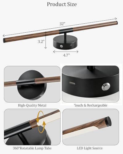 Image of 32 inch Battery Operated Wall Sconce Set of 2, 350 Rotating Lamp, Walnut Black | Wireless, 8000mAh Rechargeable Battery, Stepless Dimming, 3000K-6000K, Remote & Touch Control, Timer, Living Room, Bedroom