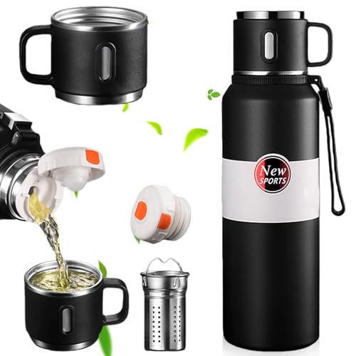 Thermos con filtro a strato, thermos in acciaio inox, 1,5 l, thermos con bicchiere, bottiglie isolate sottovuoto, per manicotti e scopino da viaggio, sport, caffè (nero)
