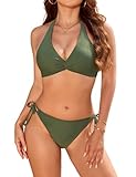 Nadeer Bikini Damen Set Push Up Bademode Zweiteiliger Sexy Knot V Ausschnitt Neckholder Low Waist mit Schnürung Badeanzug Swimsuit Sport(Armeegrün,M)