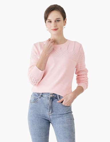 Cable Stitch Women's Pointelle Sleeve Lightweight Sweater - Long Sleeve Crewneck Lace Pullover Top4