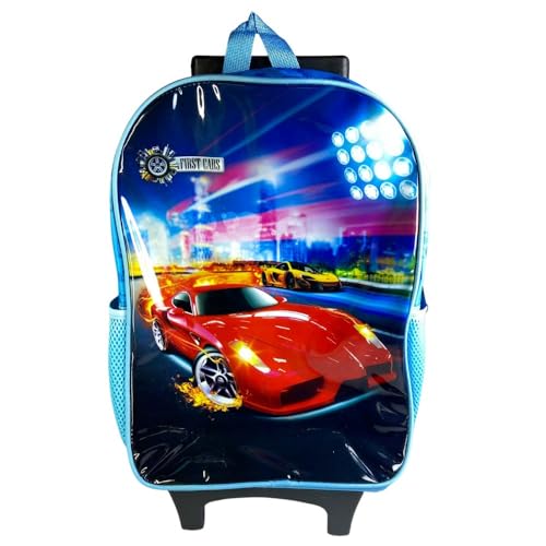 Mochila de Rodinhas Infantil com Estampa de Carros, Poliéster, 17L, Alça Retrátil, Azul ou Vermelha, para Escola e Viagens