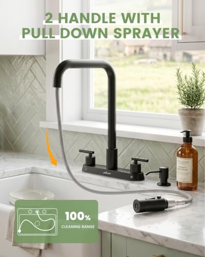 Image of APPASO 4 Hole Kitchen Faucet Matte Black, Dual Handle with Soap Dispenser | Black Kitchen Faucet with Pull Down Sprayer, Square Neck Stainless Steel, Fit for 3 or 4 Holes Standard Sinks, Spot Resist