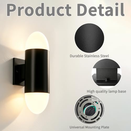 Image of JYV Outdoor Wall Lights, Cylinder Up and Down Porch Lights, Black 2Packs | IP65 Waterproof, stainless steel, Exterior Light Fixtures Wall Mount with 2 * 7W Bulbs 3000K, for House Porch Patio Garage