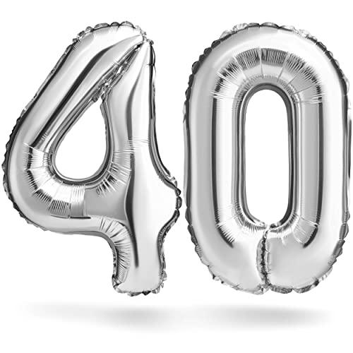 Zahlenballon, Silber, 40 cm, Geburtstagsdeko, Kindergeburtsag Deko, Jubiläum, Geschenk Folienballon für Luft oder Helium als Geburtstag, Hochzeit Abschluss Party Dekoration Überraschung (Zahlenset 40)