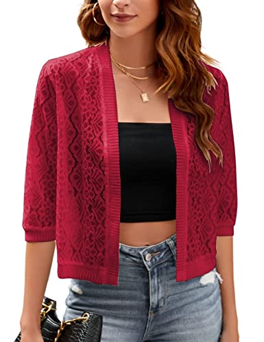 Image of FindThy Women's Casual Summer Lace Cardigan Open Front 3 /4 Sleeve Solid Lace Shrug Cover Up
