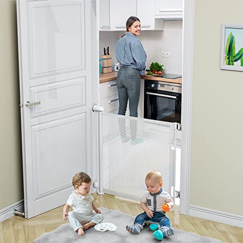 Punch-Free Retractable Baby Gates, BabyBond 33 * 71 inches Extra Wide Baby Gate for Stairs Suitable for Kids or Pets Indoor and Outdoor Dog Gates for Doorways, Stairs, Hallways, White