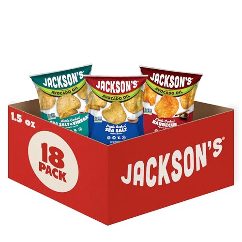 Jackson’s Classic Kettle Potato Chips (Variety Pack, 1.5 oz, Pack of 18) - Made with Premium Avacado Oil, Sea Salt, Salt & Vinegar and BBQ Flavors - Allergen-friendly, Gluten Free, Vegan
