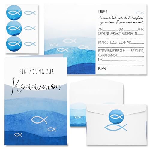 HIGUANG 12x Einladungskarten Kommunion Junge Eucalyptus Fisch Einladungen