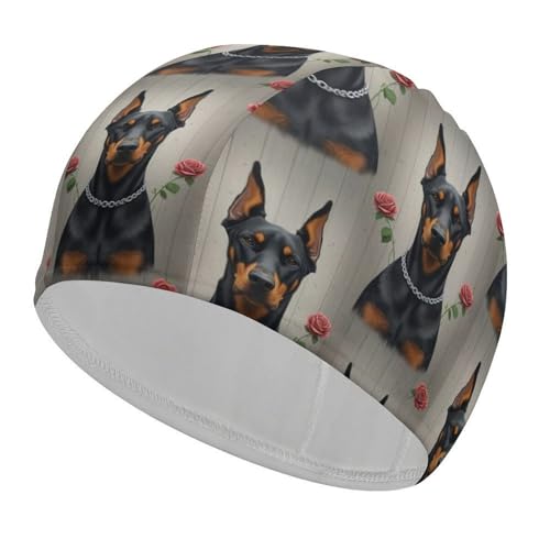 Women Men Fashion Swim Caps, German Doberman Pinscher Rose