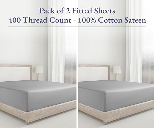 California Design Den 2 Twin XL Fitted Sheets, 400 Thread Count Twin XL Fitted Sheet 100% Cotton Sateen, Fitted Sheets with Deep Pockets (Light Grey)