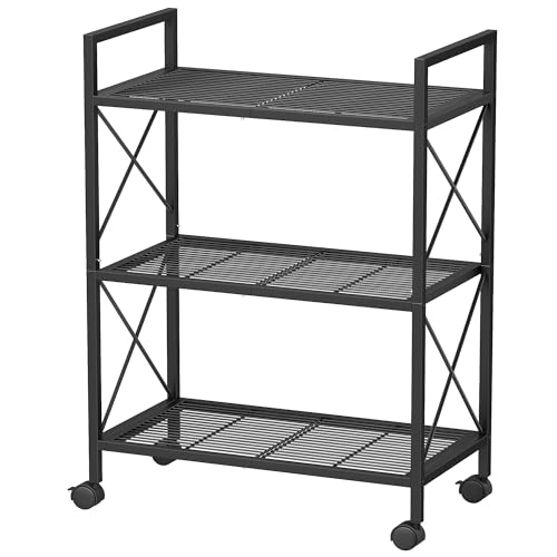 SONGMICS 3-Tier Metal Storage Rack with Wheels, Mesh Shelving Unit with X Side Frames, 23.6-Inch...