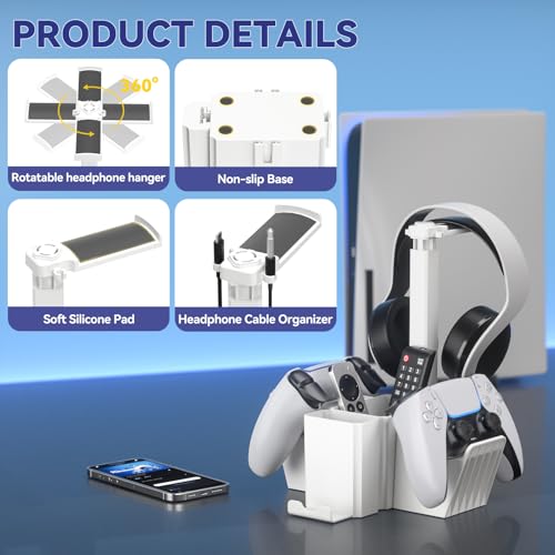 KDD Dual Controller Holder with Headphone Stand - Multi-Functional Desk Storage Box with Phone Holder - Universal Controller Stand with Desktop Organizer for Remote Control Pen Accessories(White) - Image 6