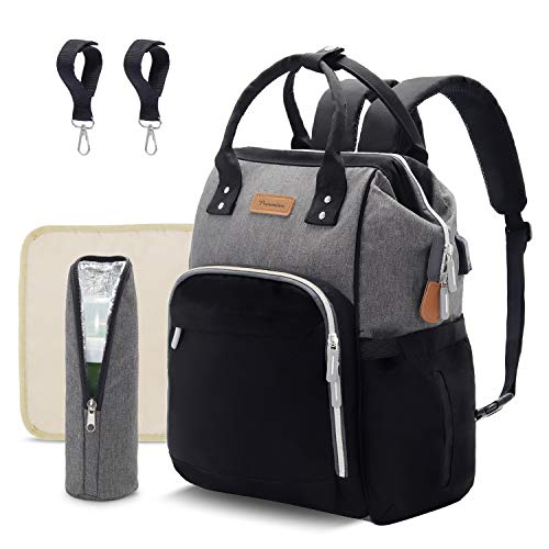 Diaper Bag Backpack Multifunction-Maternity Baby-Bag - Diaper Bag for Baby Boy Girl with USB Charging Port, Travel Nappy Bag Organizer, Waterproof, Black-Gray
