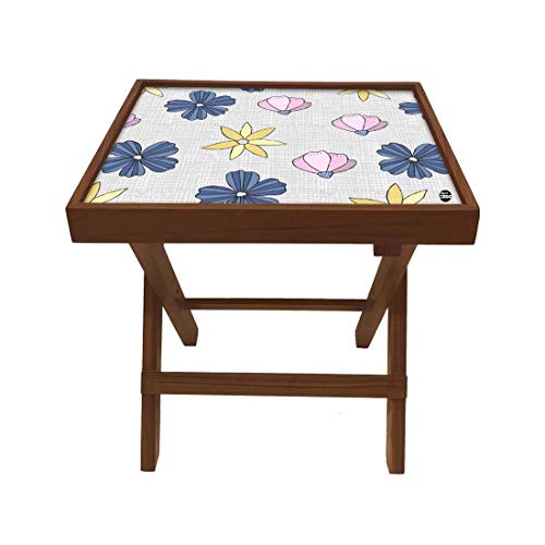 Image of Nutcase Designer Teak Wood Side Table Folding Wooden Bedside Coffee Outdoor Picnic Table - Lavender Florals