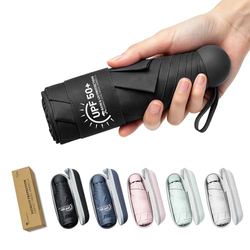 SY COMPACT Mini Travel Umbrella UPF 50+ Rain & UV Sun Protection Small Windproof & Lightweight Portable Umbrella with Zipper Case Fits in Purse Travel Essential for Men Women (Black)