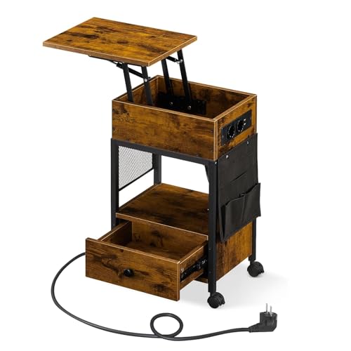 CLIPOP Nachttisch höhenverstellbar, Beistelltisch mit Ladestation, Nachtschrank mit 2 AC-Anschlüssen, 2 USB-Anschlüssen, Sofatisch aus Holz für...