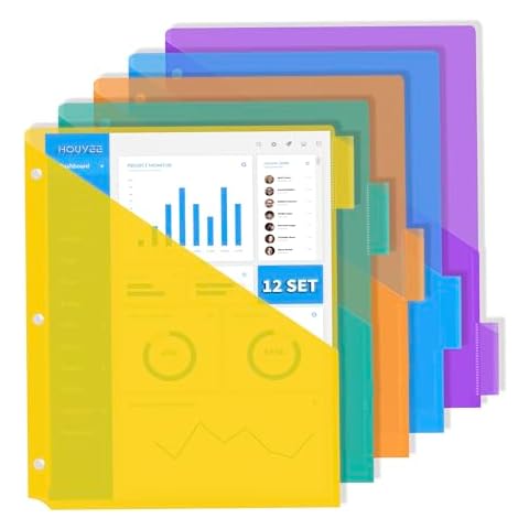 HOUYEE Plastic 5-Tab Binder Dividers with 1 Clear Pocket, Multicolor Pocket Punch Dividers for 3 Ring Binders, 8.5" x11" Letter Size,12 Set Cover