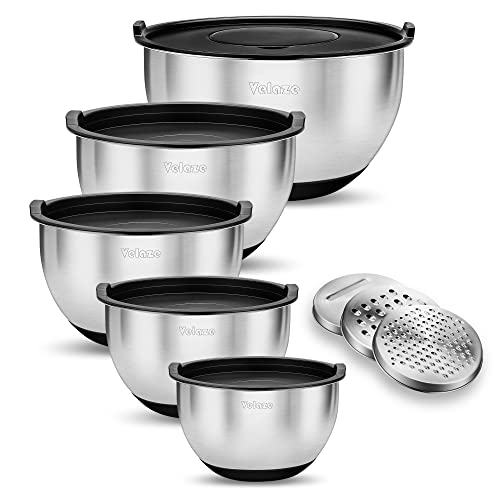 Velaze Mixing Bowls With Airtight Lids,5 Piece Stainless Steel Nesting Bowls Set,Non-Slip Silicone Bottom With 3 Grater Attachments And Measurement Marks,Size 5,3,2,1.5,1 Qt For Baking&Prepping #TOP9