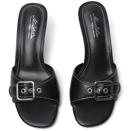 Image of Mostrin Kitten Heels for Women Summer Mules Heels Stiletto Heeled Sandals Slip On Backless Dressy Womens Sandals