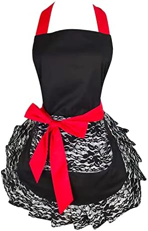 Floosum Black Lace Flirty Apron with Pocket, Fun Retro Sexy Cooking Pinup Aprons for Women Girls