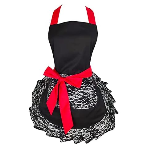 Floosum Black Lace Flirty Apron with Pocket, Fun Retro Sexy Cooking Pinup Aprons for Women Girls Cover