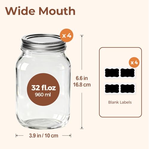 ComSaf Wide Mouth Mason Jars with Lids 960mL/32oz - 4 Pcs, Pickling Jars with Lids and Seal Band, Large Glass Jar, Preserving Jam Jars, Big Canning Containers for Fermentation, Food Storage