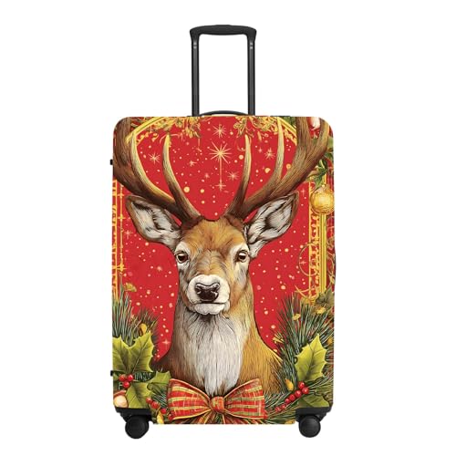 Image of Vintage Plaid Luggage Cover - Red Tartan with Golden Deer and Holly, Classic Stretchable Suitcase Cover 24 26 Inch