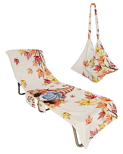 Fall Gnomes Beach Chair Towel Covers for Chaise Lounge with Side Pocket, Soft Plush Pool Towels Cover for Patio Sunbathing Outdoor 29''x85'' Thanksgiving Pumpkin Autumn Maple Leaves