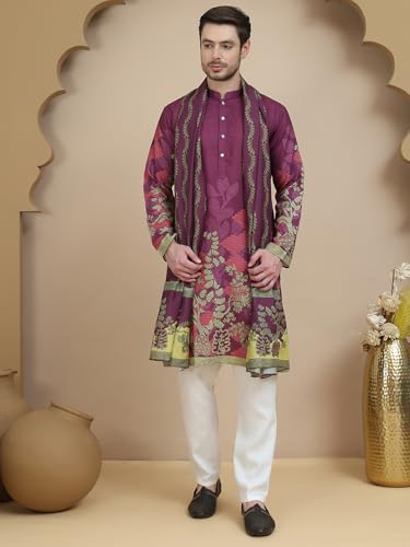 Image of Jompers Floral Printed Purple Cotton Blend Kurta Set with Dupatta (Purple, M)