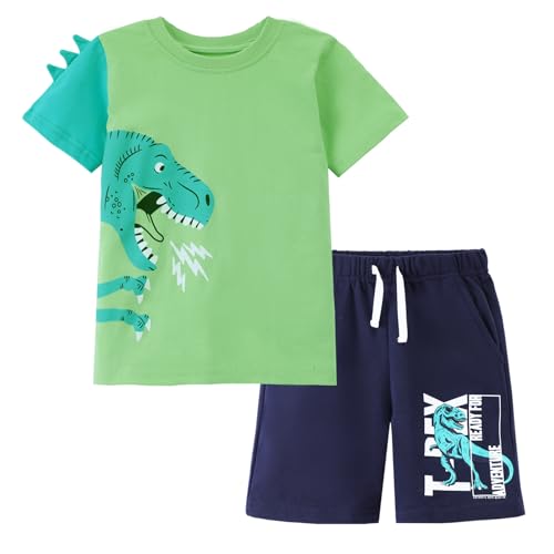 Image of HILEELANG Toddler Boy Summer Short Clothes Sets Cotton Crewneck Tees Shorts Pocket Adjustable Knite Shorts Playwear Sets