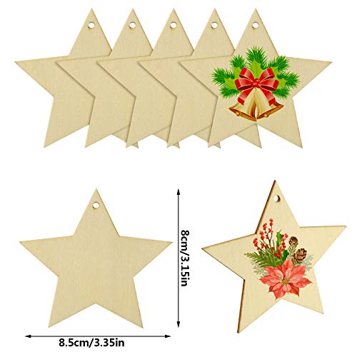 obmwang 50 Pieces Natural Wooden Star Cutouts Unfinished Predrilled Wooden Star Embellishments with Natural Twine for Christmas, DIY Craft, Party Decoration