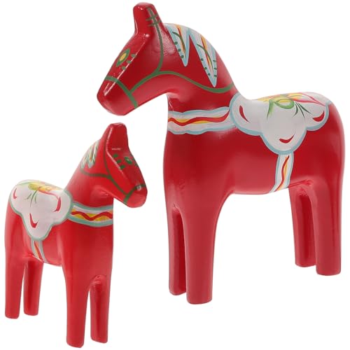 JUMPLAWN Adorno de Caballo de Madera Pintada Roja Set de 1 Par Estatua Artesanal de Madera para Decoración de Sala y Escritorio Obsequio Creativo para Hogar y Oficina Decoración