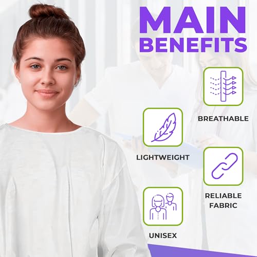 AMZ Medical Supply Disposable Isolation Gown, X-Large. Pack of 10 White Microporous 50 GSM PPE Gowns Disposable. Personal Protective Gown with Elastic Wrists, Thumb Loops, Waist Neck Ties, No Pockets