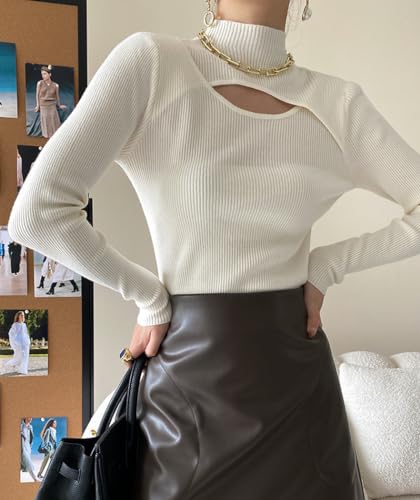 Image of Women Mock Neck Cutout Front Top Long Sleeve Light Weight Ribbed Knitting Sweater Bodycon Casual Shirt