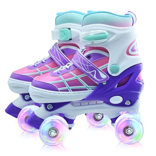 Roller Skates for Kids, Adjustable Quad Skates for Boys and Girls Ages 5-8 with Light Up Wheels, Children Beginners Rollerskates Gradient Purple for Indoor Outdoor