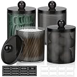 4 Pack Acrylic Qtip Holder Dispenser for Cotton Swabs, Balls, Pads, Floss Picks- Clear Acrylic Canister Apothecary Jar Set, Bathroom Essentials Accessories Decor Vanity Makeup Storage Organizer -Black
