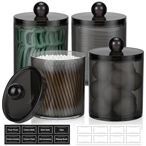 4 Pack Acrylic Qtip Holder Dispenser for Cotton Swabs Balls Pads Floss Picks- Clear Acrylic Canister Apothecary Jar Set Bathroom Essentials Accessories Decor Vanity Makeup Storage Organizer -Black