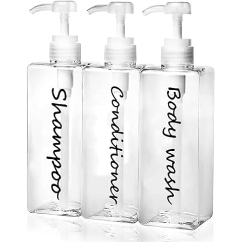 21oz Shampoo Dispenser - Refillable Shampoo and Conditioner Bottles (Clear, Set of 3) - Modern Shampoo Bottles for Shower Soap - Empty Shampoo Conditioner Body Wash Dispenser Set - for Hotel Bathroom Cover