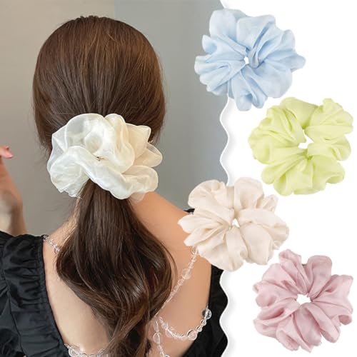 Pack of 3 Hair Bobbles Hair Accessories Chiffon Organza Hair Rings Hair Scrunchie Large Hold Elastic Hair Wiggle for Girls and Women Light Pink A - Image 4