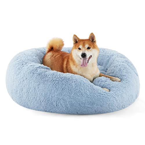 Image of Bedsure Calming Dog Bed for Medium Dogs - Donut Washable Medium Pet Bed, Anti-Slip Round Fluffy Plush Faux Fur Cat Bed, Fits up to 45 lbs Pets, Light Blue, 30 inches