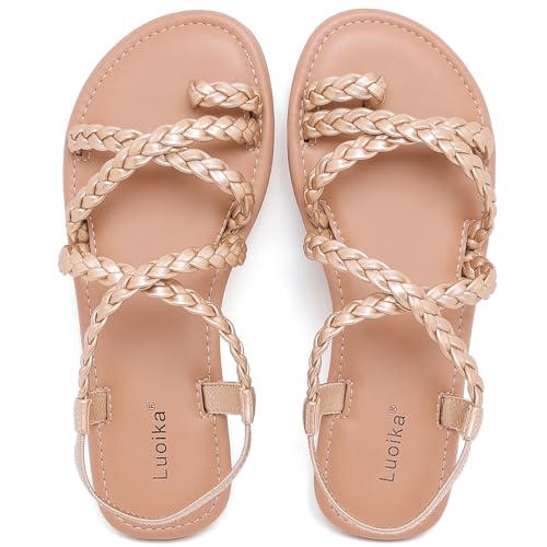 Image of Luoika Women's Wide Width Flat Sandals, Flip Flop Casual Strapy Sandals Slip on Summer Beach Shoes for Women.