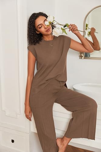 Image of Ekouaer Lounge Sets for Women Two Piece Outfits Knit Cap Sleeve Tops Wide Leg Pleated Pants Casual Dressy Sweater Sets