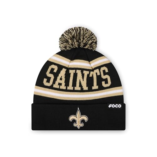 FOCO New Orleans Saints NFL Primary Logo Stripe Pom Beanie - Black